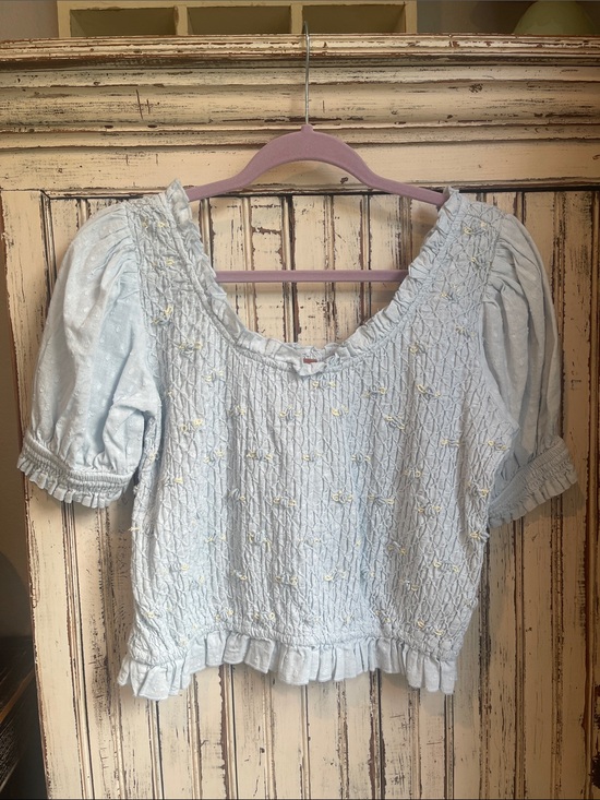 Free People Tops - Light Blue Smocked Puff Sleeve Top with Floral Details